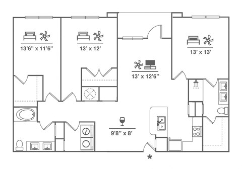 Floor plan for 3 beds, 2 baths, 1503 sqft